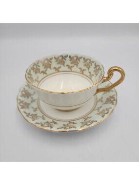 Victoria C & E Tea Cup & Saucer Green With Gold Trim Porcelain